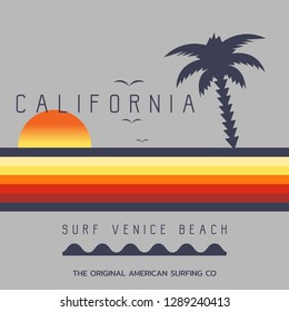 Vector illustration on the theme of surf and surfing in California, Venice beach. Typography, t-shirt graphics, print, poster, banner, flyer, postcard