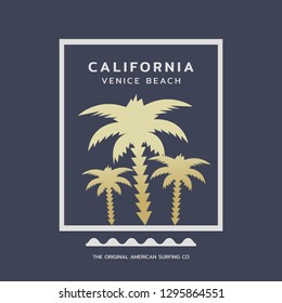 Vector illustration on the theme of surf and surfing in California, Venice beach. Typography, t-shirt graphics, print, poster, banner, flyer, postcard
