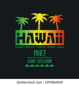 Vector illustration on the theme of surf and surfing in Hawaii, Sunset Beach, North Shore Oahu. Vintage design. Grunge background. Typography, t-shirt graphics, print, poster, banner, flyer, postcard