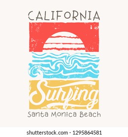 Ilustración vectorial sobre el tema del surf y el surf en California, playa de Santa Monica. Diseño de época. Borde fondo. Tipografía, gráficos en pantalones, impresión, afiche, pancarta, volante, postal