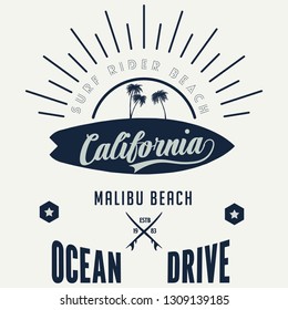 Vector illustration on the theme of surf and surfing in Californiai, Malibu Beach. Vintage design. Grunge background. Typography, t-shirt graphics, print, poster, banner, flyer, postcard