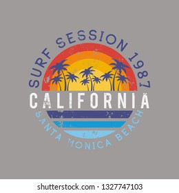 Vector illustration on the theme of surf rider and surfing in California, Santa Monica beach. Vintage design. Grunge background. Typography, t-shirt graphics, print, poster, banner, flyer, postcard