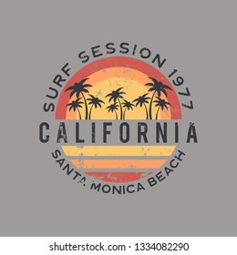 Vector illustration on the theme of surf rider and surfing in California, Santa Monica beach. Vintage design. Grunge background. Typography, t-shirt graphics, print, poster, banner, flyer, postcard