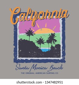 Vector illustration on the theme of surf and surfing in California, Santa Monica beach. Vintage design. Grunge background. Typography, t-shirt graphics, print, poster, banner, flyer, postcard