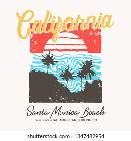 Vector illustration on the theme of surf and surfing in California, Santa Monica beach. Vintage design. Grunge background. Typography, t-shirt graphics, print, poster, banner, flyer, postcard
