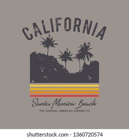 Vector illustration on the theme of surf and surfing in California, Santa Monica beach. Vintage design. Grunge background. Typography, t-shirt graphics, print, poster, banner, flyer, postcard