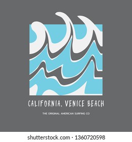 Vector illustration on the theme of surf rider and surfing in California, Venice beach. Typography, t-shirt graphics, print, poster, banner, flyer, postcard