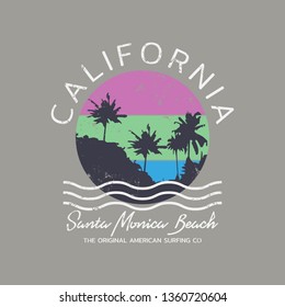 Vector illustration on the theme of surf and surfing in California, Santa Monica beach. Vintage design. Grunge background. Typography, t-shirt graphics, print, poster, banner, flyer, postcard