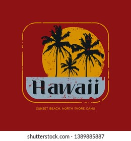 Vector illustration on the theme of surf and surfing in Hawaii. Vintage design. Grunge background. Typography, t-shirt graphics, print, poster, banner, flyer, postcard