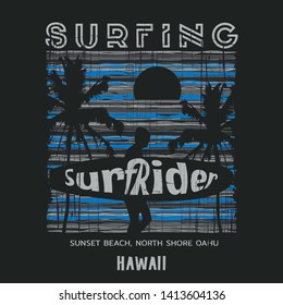 Vector illustration on the theme of surf rider and surfing in Hawaii. Vintage design. Grunge background. Typography, t-shirt graphics, print, poster, banner, flyer, postcard
