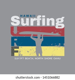 Vector illustration on the theme of surf and surfing in Hawaii, Sunset Beach, North Shore Oahu. Vintage design. Grunge background. Typography, t-shirt graphics, print, poster, banner, flyer, postcard