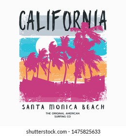 Vector illustration on the theme of surf and surfing in California, Santa Monica beach.  Vintage design. Grunge background. Typography, t-shirt graphics, poster, banner, flyer, print, postcard