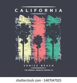 Vector illustration on the theme of surf and surfing in California, Venice beach. Grunge background. Typography, t-shirt graphics, print, poster, banner, flyer, postcard