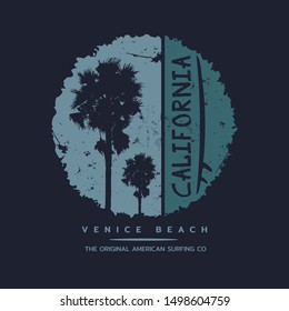 Vector illustration on the theme of surf and surfing in California, Venice beach. Grunge background. Typography, t-shirt graphics, print, poster, banner, flyer, postcard