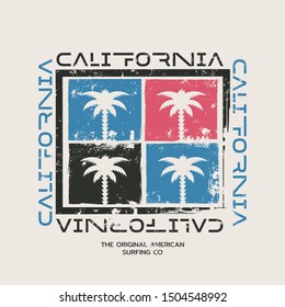 Vector illustration on the theme of surf and surfing in California.  Vintage design. Grunge background. Typography, t-shirt graphics, poster, banner, flyer, print, postcard