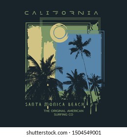 Vector illustration on the theme of surf and surfing in California, Santa Monica beach.  Vintage design. Grunge background. Typography, t-shirt graphics, poster, banner, flyer, print, postcard