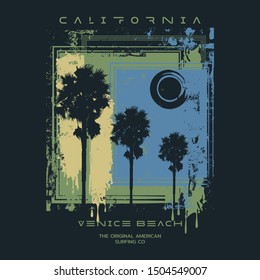 Vector illustration on the theme of surf and surfing in California, Venice beach.  Vintage design. Grunge background. Typography, t-shirt graphics, poster, banner, flyer, print, postcard