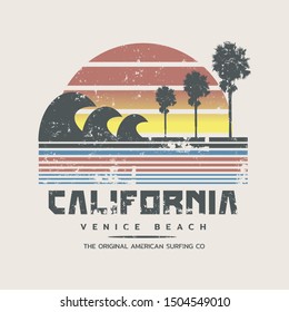 Vector illustration on the theme of surf and surfing in California, Venice beach.  Vintage design. Grunge background. Typography, t-shirt graphics, poster, banner, flyer, print, postcard