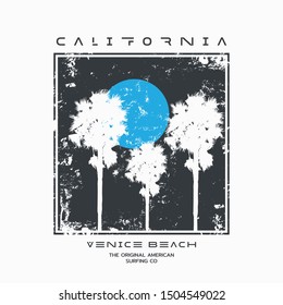 Vector illustration on the theme of surf and surfing in California, Venice beach.  Vintage design. Grunge background. Typography, t-shirt graphics, poster, banner, flyer, print, postcard