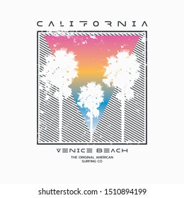 Vector illustration on the theme of surf and surfing in California, Venice beach.  Vintage design. Grunge background.  