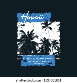 Vector illustration on the theme of surf and surfing in Hawaii.  Vintage design. Grunge background.  Typography, t-shirt graphics, poster, banner, flyer, print, postcard