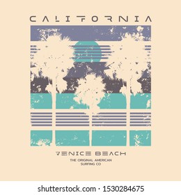 Vector illustration on the theme of surf and surfing in California, Venice beach.  Vintage design. Grunge background. Typography, t-shirt graphics, poster, banner, flyer, print, postcard