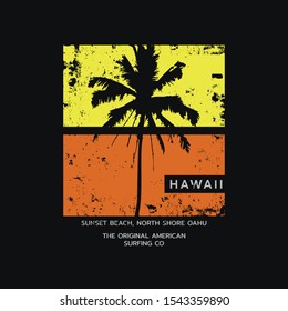 Vector illustration on the theme of surf and surfing in Hawaii.  Vintage design. Grunge background.  Typography, t-shirt graphics, poster, banner, flyer, print, postcard