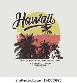 Vector illustration on the theme of surf and surfing in Hawaii.  Vintage design. Grunge background.  Typography, t-shirt graphics, poster, banner, flyer, print, postcard