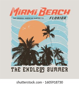 Vector illustration on the theme of surf and surfing in Florida, Miami Beach.  Vintage design. Grunge background.  Typography, t-shirt graphics, poster, banner, flyer, print, postcard