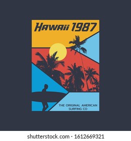 Vector illustration on the theme of surf rider and surfing Hawaii. Typography, t-shirt graphics, print, poster, banner, flyer, postcard