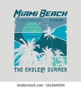 Vector illustration on the theme of surf and surfing in Florida, Miami Beach.  Vintage design. Grunge background.  Typography, t-shirt graphics, poster, banner, flyer, print, postcard