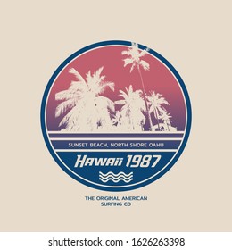 Vector illustration on the theme of surf and surfing in Hawaii.  Vintage design. Grunge background.  Stump typography, t-shirt graphics, poster, banner, flyer, print, postcard