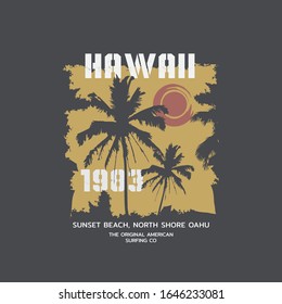 Vector illustration on the theme of surf and surfing in Hawaii.  Vintage design. Grunge background.  Typography, t-shirt graphics, poster, banner, flyer, print, postcard