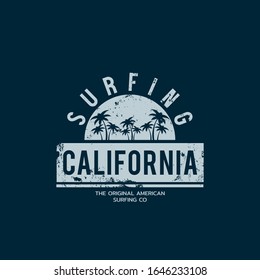Vector illustration on the theme of surf and surfing in California.  Vintage design. Grunge background. Typography, t-shirt graphics, poster, banner, flyer, print, postcard