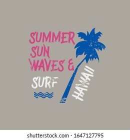 Vector illustration on the theme of surf and surfing in Hawaii.  Vintage design. Grunge background.  Sport typography, t-shirt graphics, poster, banner, flyer, print, postcard