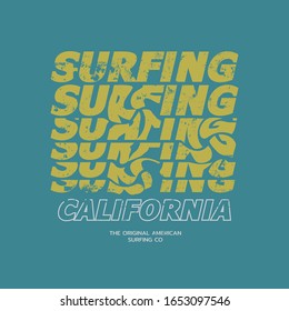 Vector illustration on the theme of surf and surfing in California. Vintage design. Grunge background. Typography, t-shirt graphics, print, poster, banner, flyer, postcard