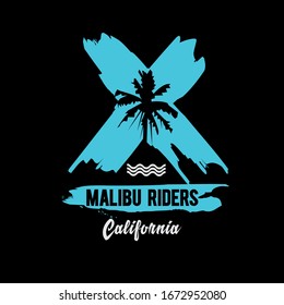 Vector illustration on the theme of surf and surfing in California, Malibu beach.  Vintage design. Grunge background. Typography, t-shirt graphics, poster, banner, flyer, print, postcard