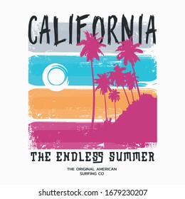 Vector illustration on the theme of surf and surfing in California.  Vintage design. Grunge background. Typography, t-shirt graphics, poster, banner, flyer, print, postcard