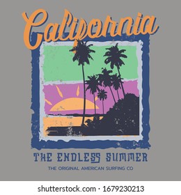 Vector illustration on the theme of surf and surfing in California.  Vintage design. Grunge background. Typography, t-shirt graphics, poster, banner, flyer, print, postcard