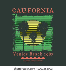 Vector illustration on the theme of surf and surfing in California, Venice beach. Vintage design. Grunge background. Typography, t-shirt graphics, print, poster, banner, flyer, postcard