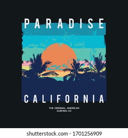 Vector illustration on the theme of surf and surfing in California. Vintage design. Grunge background. Typography, t-shirt graphics, print, poster, banner, flyer, postcard