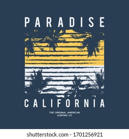 Vector illustration on the theme of surf and surfing in California. Grunge background. Typography, t-shirt graphics, print, poster, banner, flyer, postcard