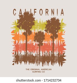 Vector illustration on the theme of surf and surfing in California. Vintage design. Grunge background. Typography, t-shirt graphics, print, poster, banner, flyer, postcard