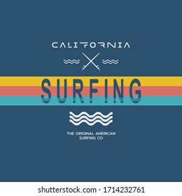 Ilustración vectorial sobre el tema del surf y el surf en California. Tipografía, gráficos en pantalones, impresión, afiche, pancarta, volante, postal