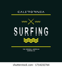 Ilustración vectorial sobre el tema del surf y el surf en California. Tipografía, gráficos en pantalones, impresión, afiche, pancarta, volante, postal