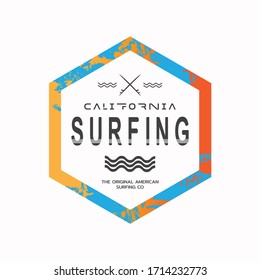 Vector illustration on the theme of surf and surfing in California. Typography, t-shirt graphics, print, poster, banner, flyer, postcard