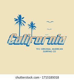 Vector illustration on the theme of surf and surfing in California. Vintage design. Grunge background. Typography, t-shirt graphics, print, poster, banner, flyer, postcard