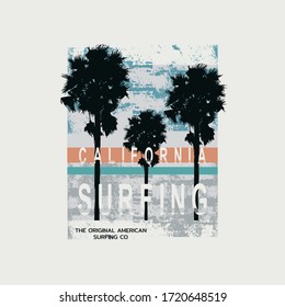 Vector illustration on the theme of surf and surfing in California. Vintage design. Grunge background. Typography, t-shirt graphics, print, poster, banner, flyer, postcard