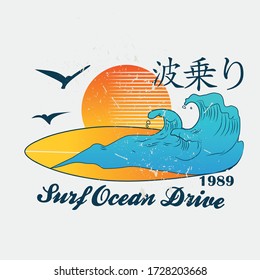 Vector illustration on the theme of surf rider. Grunge background. Vintage design. Japanese text translation: Surfing