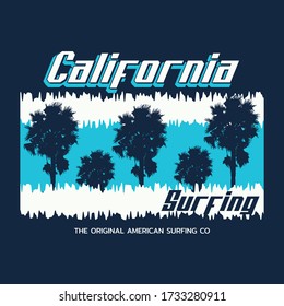 Vector illustration on the theme of surf rider and surfing in California, Venice beach. Grunge background. Typography, t-shirt graphics, print, poster, banner, flyer, postcard